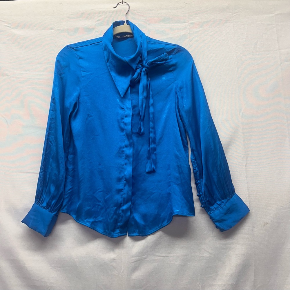Zara Vibrant Blue Blouse with‎ Bow Detail size small